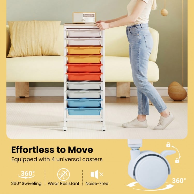 10-Drawer Rolling Storage Cart Mobile Utility Organizer with Wooden Tabletop and Lockable Wheels-Macaron