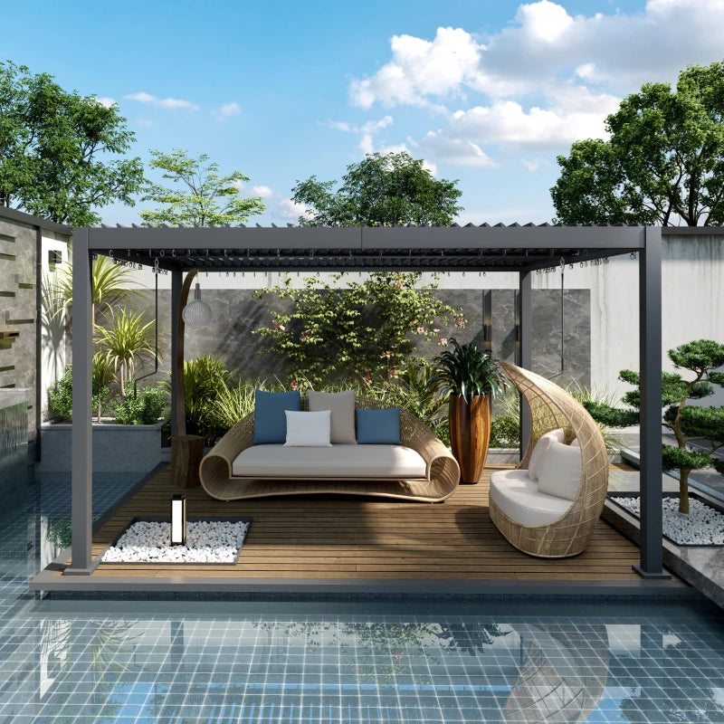 10' x 13' Louvered Pergola with Adjustable Metal Roof and Aluminum Frame, Outdoor Hardtop Gazebo with Drainage System