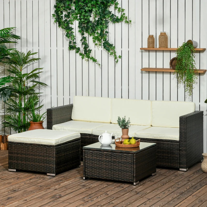 3 Pieces Patio Furniture Set with Cushions, Outdoor PE Rattan Wicker Conversation Corner Sofa Set with Glass Top Table and Adjustable Foot for Garden, Lawn, Cream White