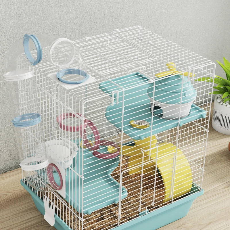 3-Level Hamster Cage with Exercise Wheel, Play Tube, Water Bottle, Food Dish, Hut, Ladder, Blue