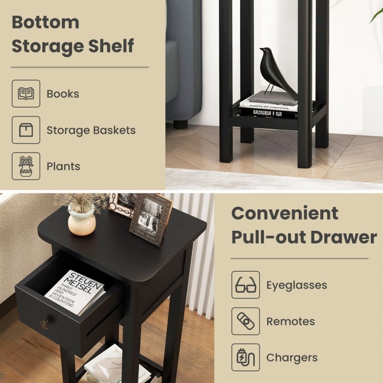 2 Tier Slim Nightstand Bedside Table with Drawer Shelf-Black