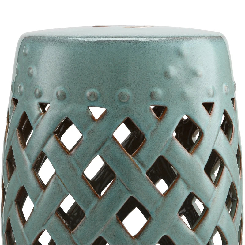 18" Ceramic Garden Stool with Woven Lattice Design, Indoor & Outdoor Decorative Accent Stool, Blue