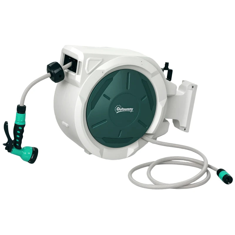 1/2 in x 65ft Wall Mounted Garden Hose Reel, Retractable Water Hose Reel with Auto Rewind, Any Length Lock, Green