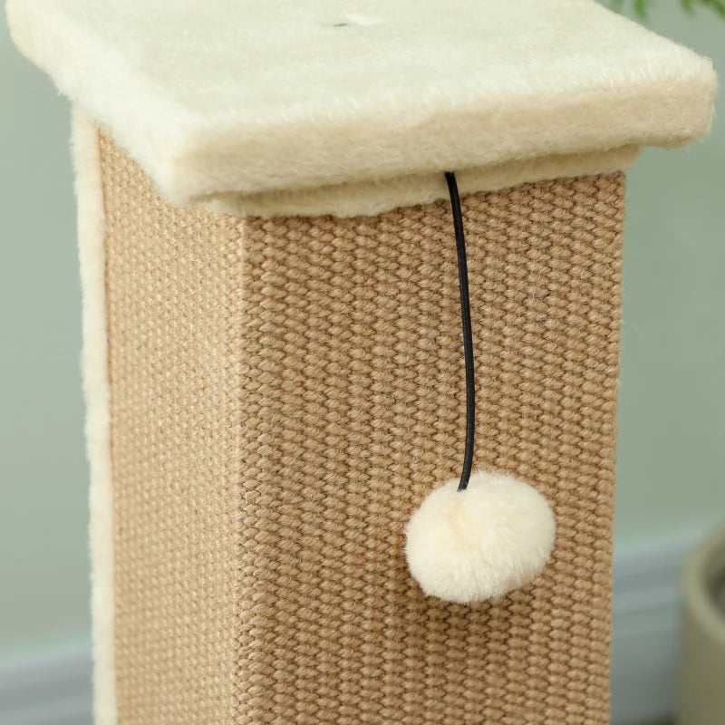 32" Tall Cat Scratching Post for Indoor Cats and Kittens, Sisal Cat Scratcher with Hanging Ball Soft Plush, Beige