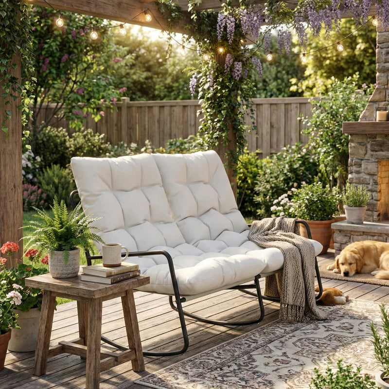 2-Person Outdoor Rocking Chair, Rocking Outdoor Bench with Cushions and Mesh Seat, 528 LBS Capacity, Light Grey