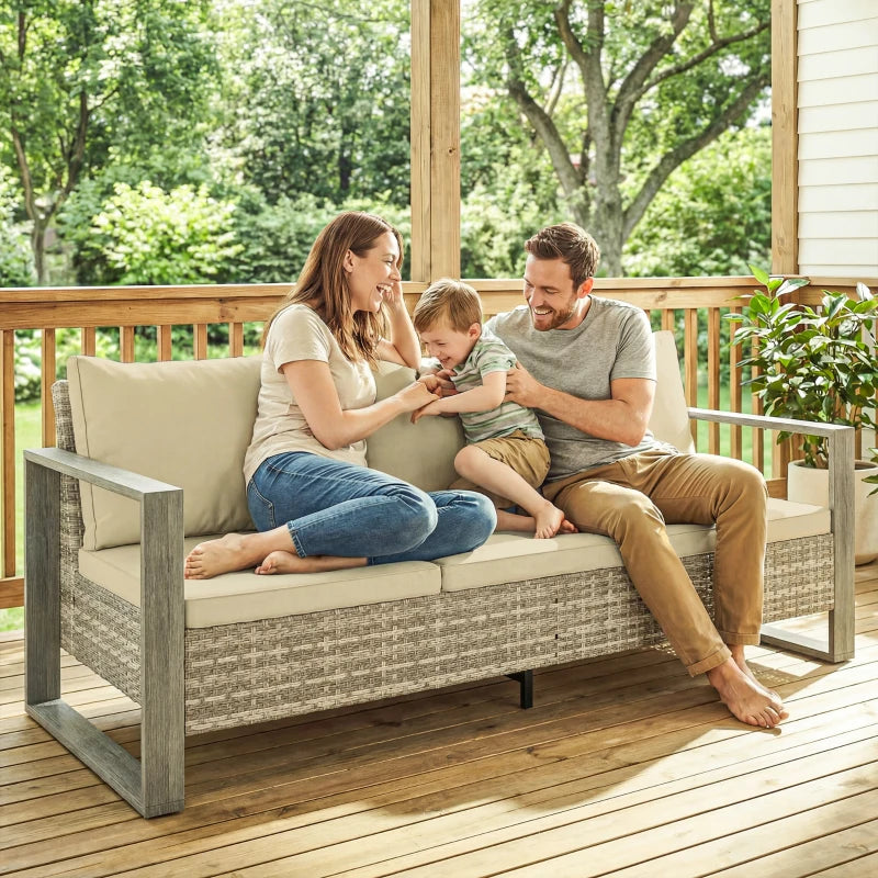 3-Seater Outdoor Couch, PE Wicker Patio Sofa with Deep Seat, Wood-Effect Aluminum Armrests, Cushions, Khaki