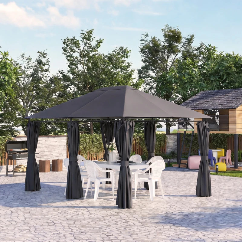 13'x 10' Soft-top Steel Patio Gazebo Canopy Party Tent with 6 Removable Curtains and Drainage Holes, Dark Grey