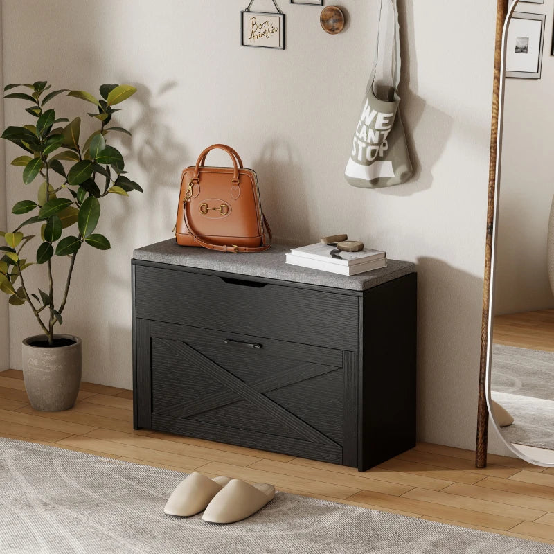 Shoe Storage Bench with Flip Drawer and Lift Top Storage, Entryway Bench with Seat Cushion for Hallway, Black