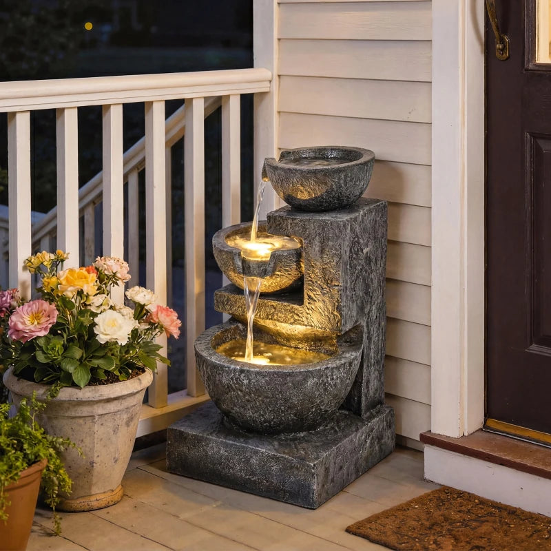 3-Tier Outdoor Water Fountain, Garden Waterfall Fountain with LED Lights and Pump, Indoor Freestanding Resin Waterfall