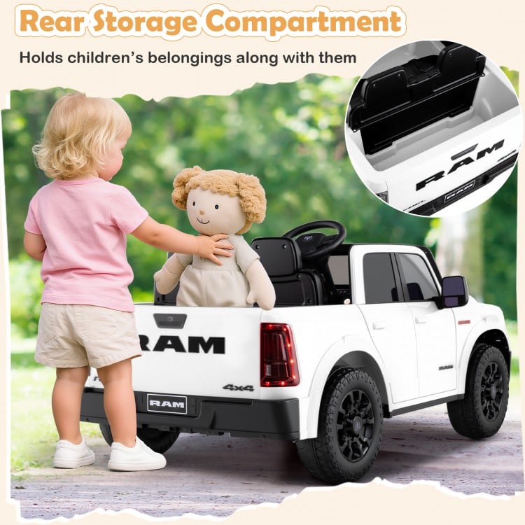 2 Seater 24V Ride on Toy for Big Kids Licensed Ram Truck with Remote and Music-White