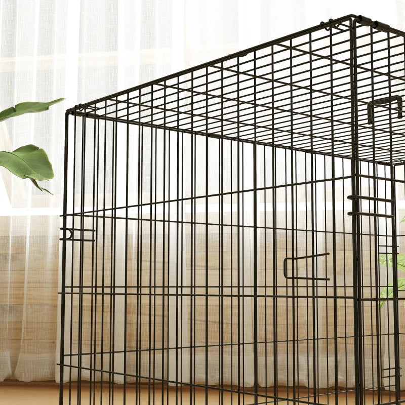 35" Dog Crate with 2 Doors, Folding Metal Dog Cage with Soft Cushion, Removable Tray, Handle, Black