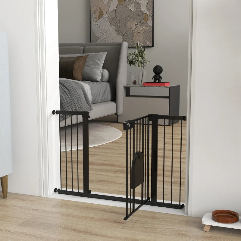 30"-52" Extra Wide Pet Gate Barrier with Small Door, 30"H Dog Gate with Safety Gate Barrier, Stair Pressure Fit, Black