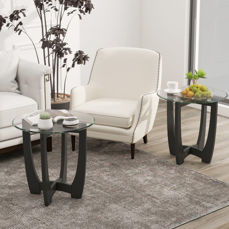 23.5 Inch Round End Side Table with Tempered Glass Tabletop-Black