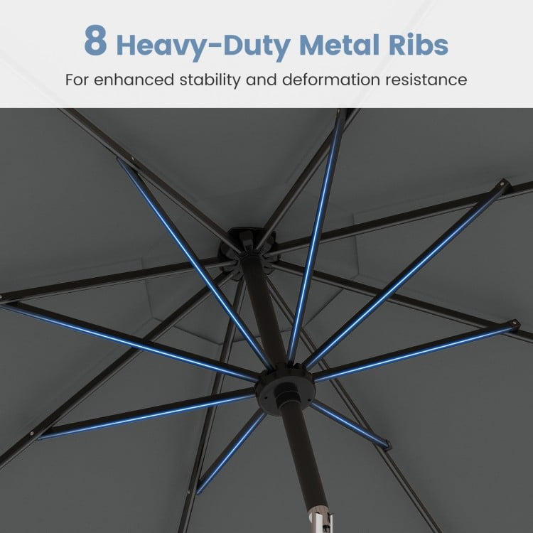 10 Feet Solar Patio Umbrella with 96 Multi-Colored Flowing LED Lights and Tilt Adjustment-Gray