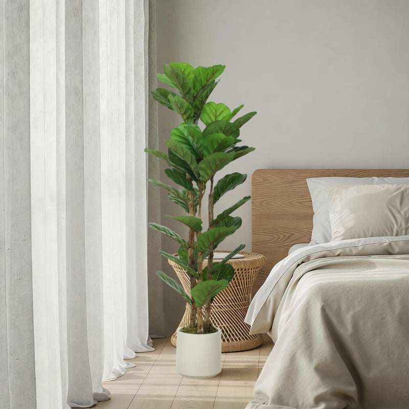 4FT Artificial Fiddle Leaf Fig Tree, Fake Potted Tree with Solid Wood Trunks and Lifelike Leaves for Indoor Decor, Green