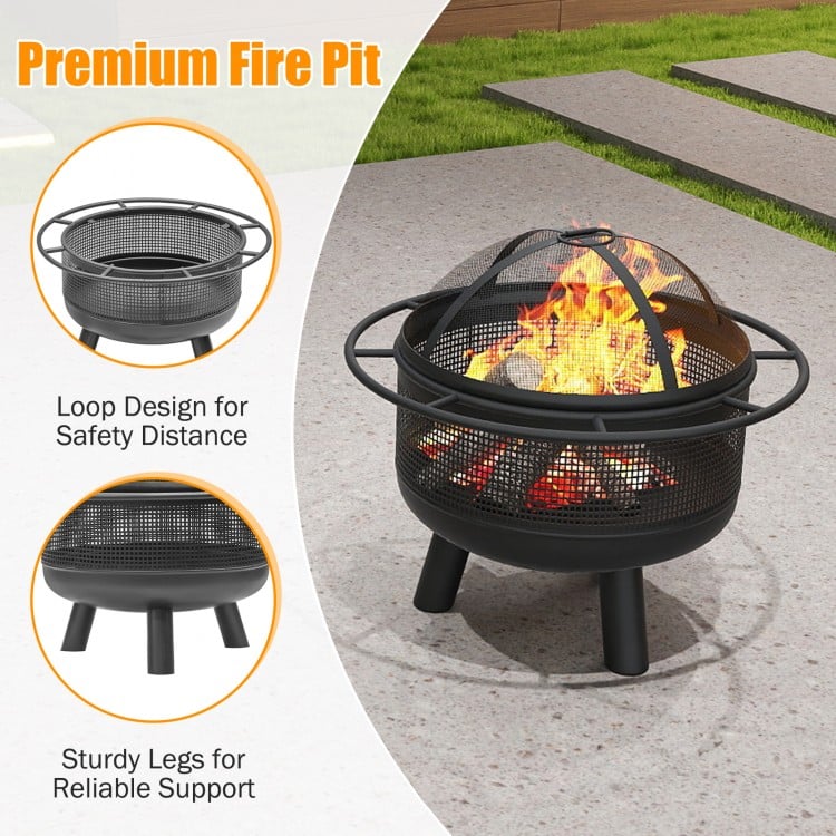 24 Inch Wood Burning Fire Pit with Log Grate and Mesh Screen for Outside