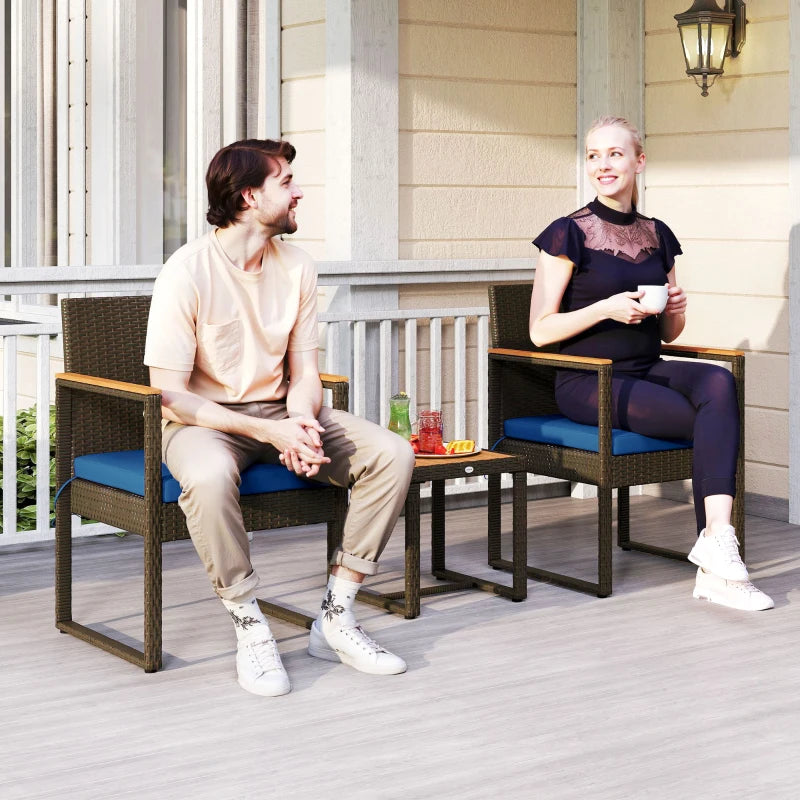 3 Pieces Wicker Patio Furniture Set, Rattan Bistro Set w/ Acacia Wood Table & Removable Cushions, Dark Blue