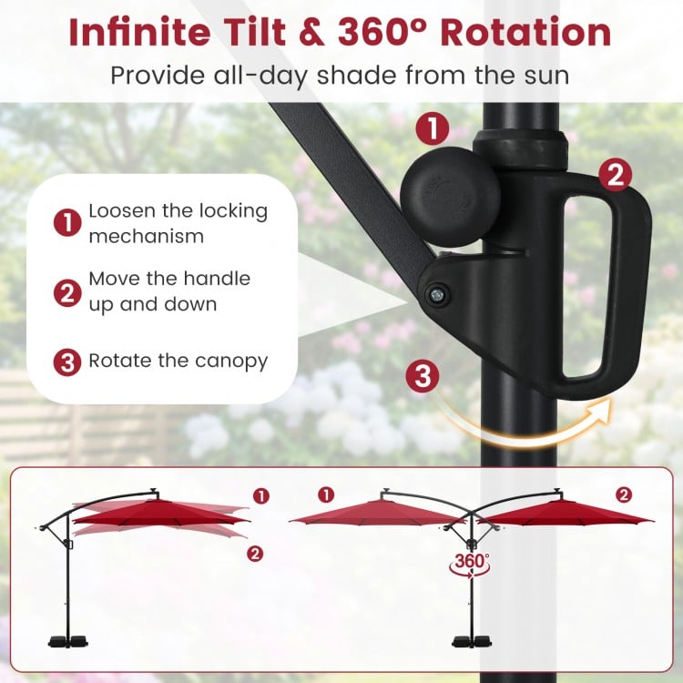10 Feet Solar Offset Hanging Umbrella with Base and LED Lights-Red