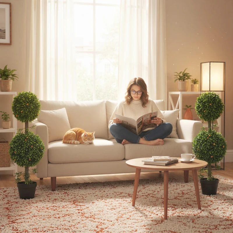 3FT Artificial Boxwood Topiary Tree Set of 2, Faux Two Ball Topiary Tree in Pot for Indoor Outdoor Decor, Green