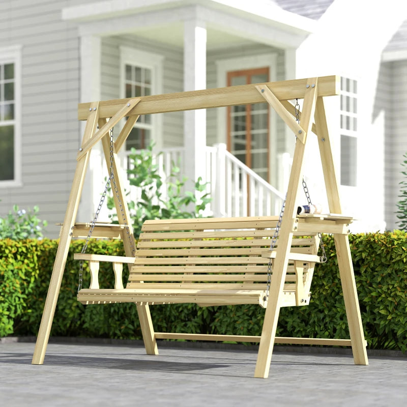 3 Seat Wooden Porch Swing with Stand, Patio Swing with Side Tables, for Garden, Poolside, Backyard, Natural Wood
