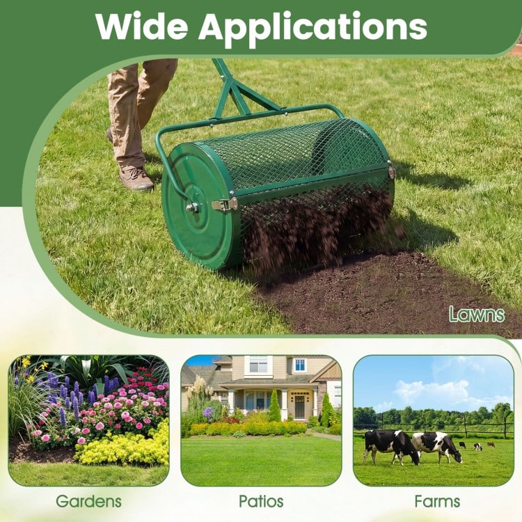 24 Inch Compost Spreader Peat Moss Spreader Roller with Height-Adjustable T-Shaped Handle-Green