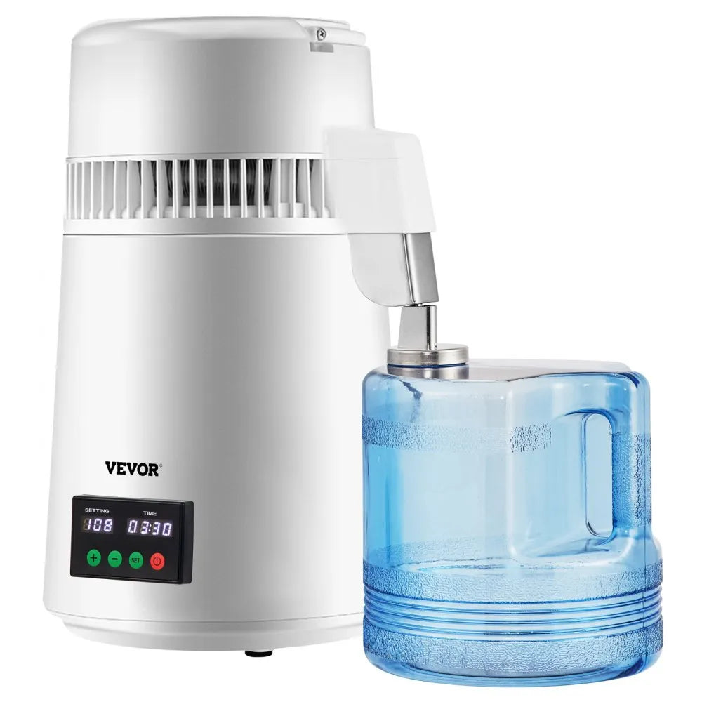 VEVOR 1.1Gal Water Distiller, 0.3Gal/H, 750W Distilled Water Maker Machine 0-99H Timing Set Temp Display, 304 Stainless Steel Countertop Distiller Glass Carafe Cleaning Powder 3 Carbon Packs, White