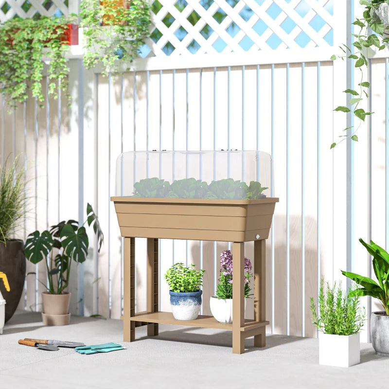 41L Self Watering Raised Garden Bed w/ Ventilation Transparent Lid Greenhouse, Planter Box w/ Storage Shelf, Brown