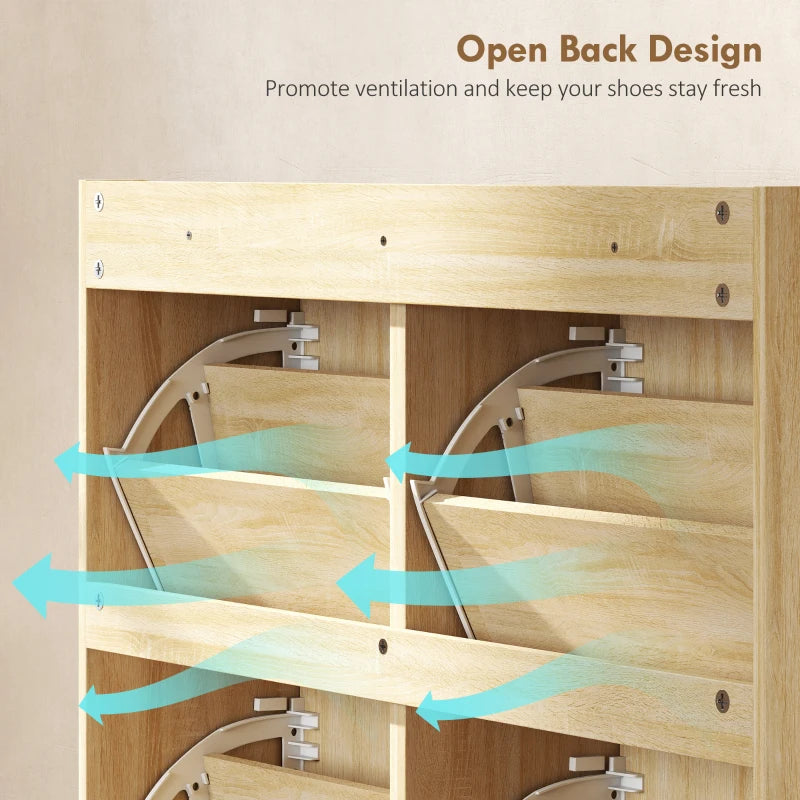 4 Flip-Drawer Shoe Cabinet, Shoe Storage Cabinet with Rattan Doors and Adjustable Shelves, Holds 16 Pairs, Natural
