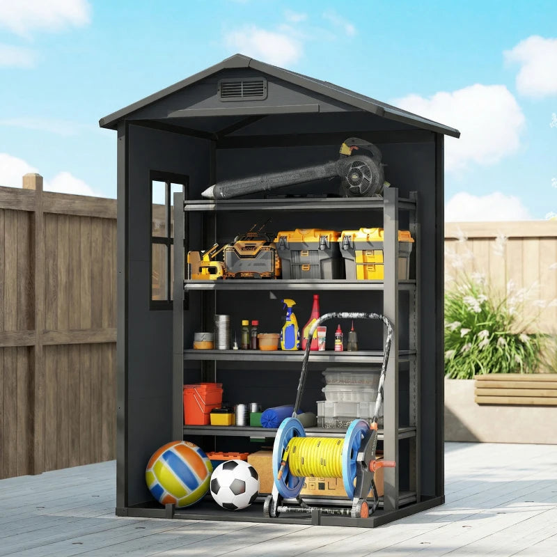 4' x 3' Plastic Garden Shed with Floor, Outdoor Small Shed with Lockable Door, Window and Vent, Dark Grey