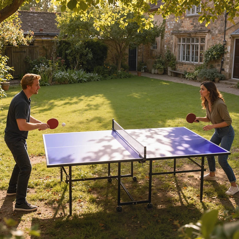 Soozier Full Size Table Tennis Table, Folding Ping Pong Table with Net, Paddles, Balls and Wheels, Blue