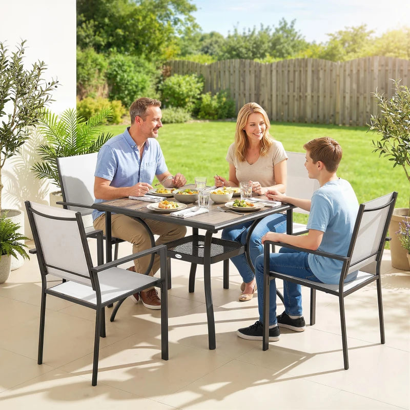 5 Piece Outdoor Patio Dining Set, Dining Table and 4 Stackable Chairs with Umbrella Hole, Shelf
