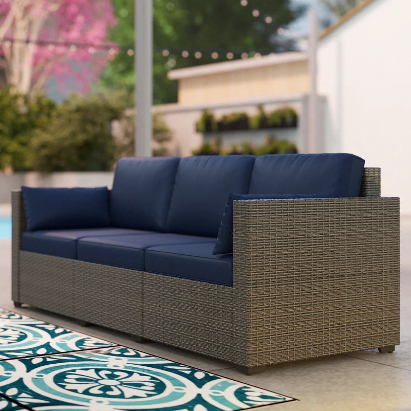 3-Seater Outdoor Sofa with Cushions, PE Rattan Conversation Patio Couch with Pillows for Garden, Poolside, Blue/Brown