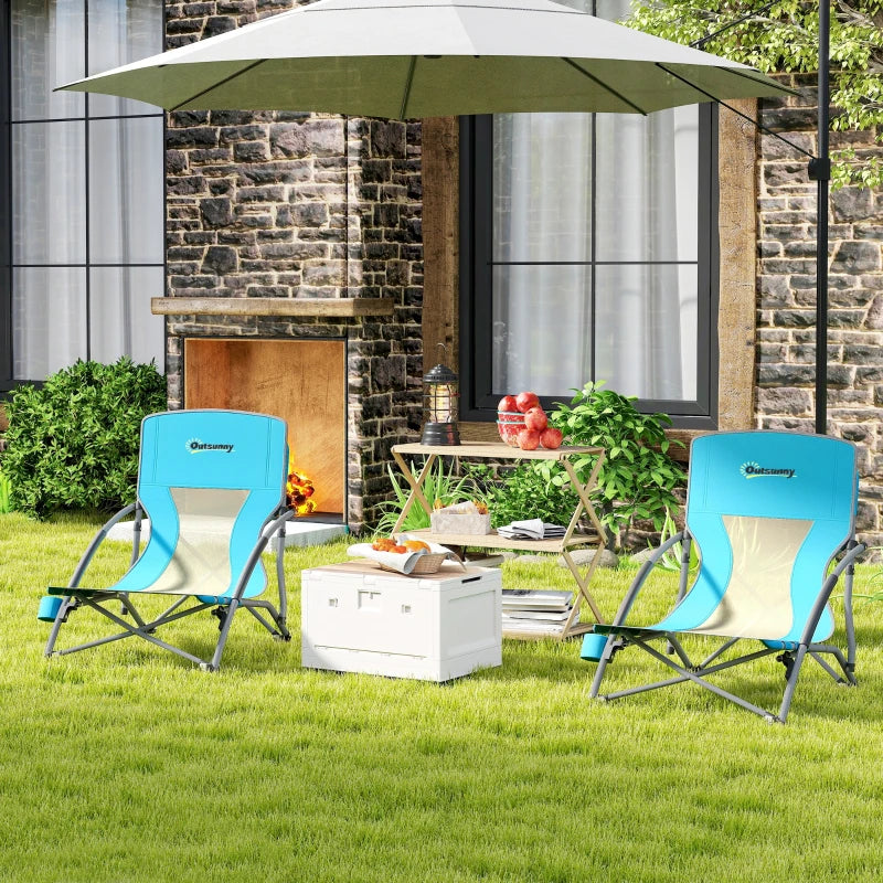 Set of 2 Folding Beach Chairs with Mesh Back, Carry Bag and Cup Holder for Outdoor Camping Lawn, 22.8" x 21.7" x 24.4"