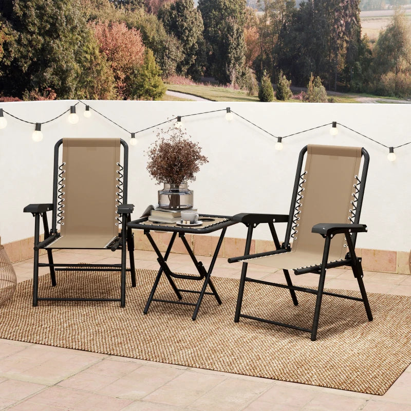 3 Pieces Patio Bistro Set, Outdoor Folding Table and Chairs Set, Metal Patio Furniture Set with Cup Holders, Khaki