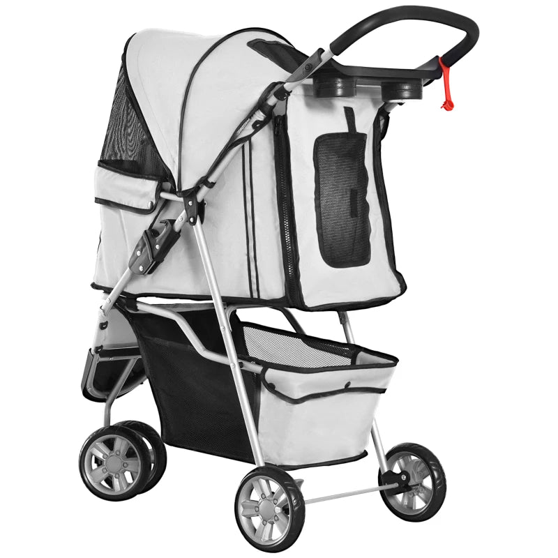 3 Wheels Foldable Dog Stroller with Storage Basket, Adjustable Canopy, Cupholder for Miniature and Small Dogs, Grey