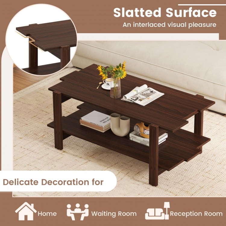2-Tier Coffee Table Slatted Wood Center Table with Storage Shelf-Walnut