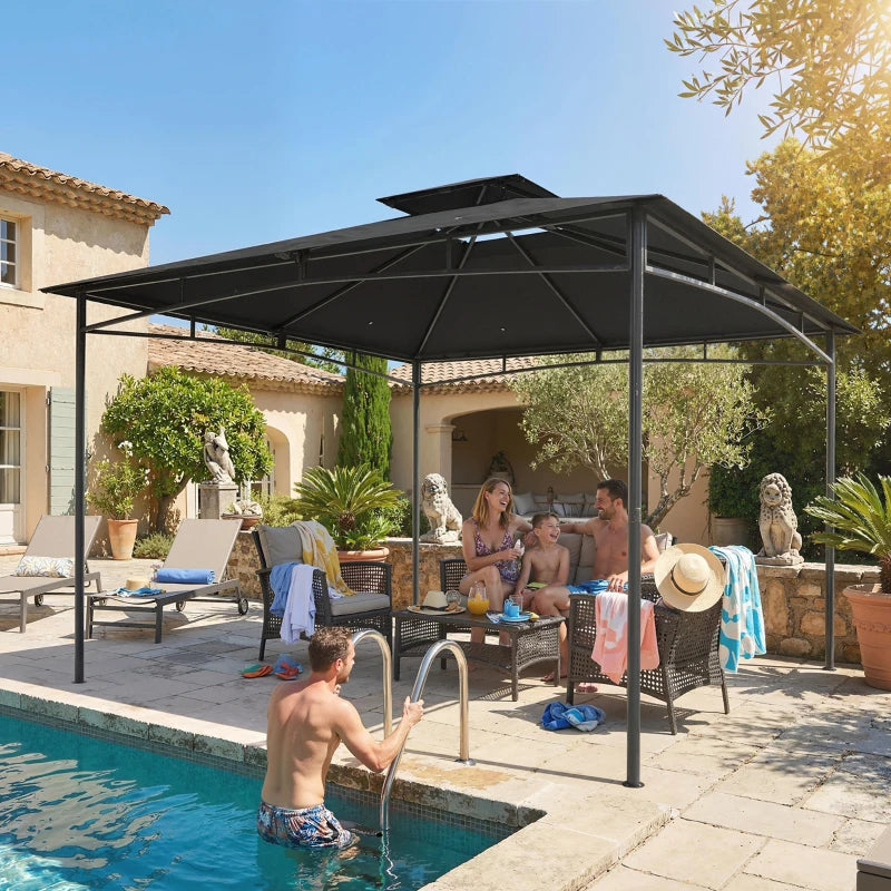 10' x 10' Gazebo, Soft Top Outdoor Gazebo with 2-Tier Roof, Metal Frame, Dark Grey