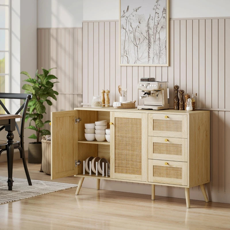 47" Buffet Cabinet with Soft-Close Doors, Rattan Sideboard with Drawers, Adjustable Shelf and Wooden Legs, Natural