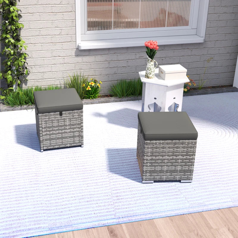2 Pieces Wicker Outdoor Ottoman with Storage, Cushion, Square Outdoor Footstool, Seating, Side Table, Dark Grey