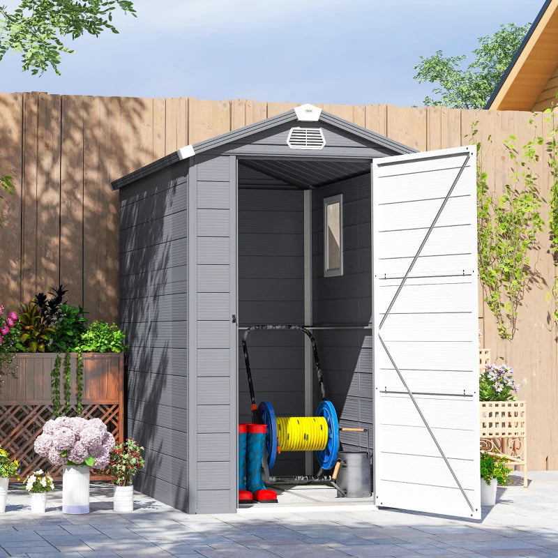 4.5' x 6' Plastic Garden Storage Shed with Latch Door, Vents, Sloped Roof, Dark Grey