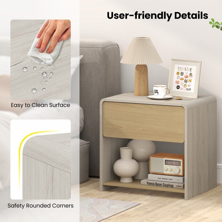 2-Tier Modern Style Nightstand with Drawer and Open Shelf-Oak