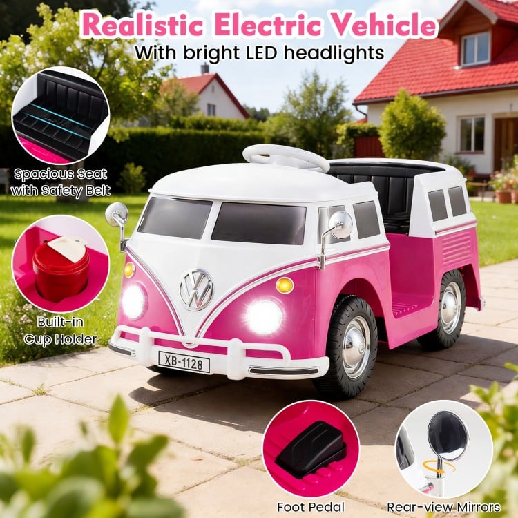 12V Ride On Car Licensed Volkswagen Ride-on Bus with Cup Holder and LED Headlights for 3+ Years Old-Pink