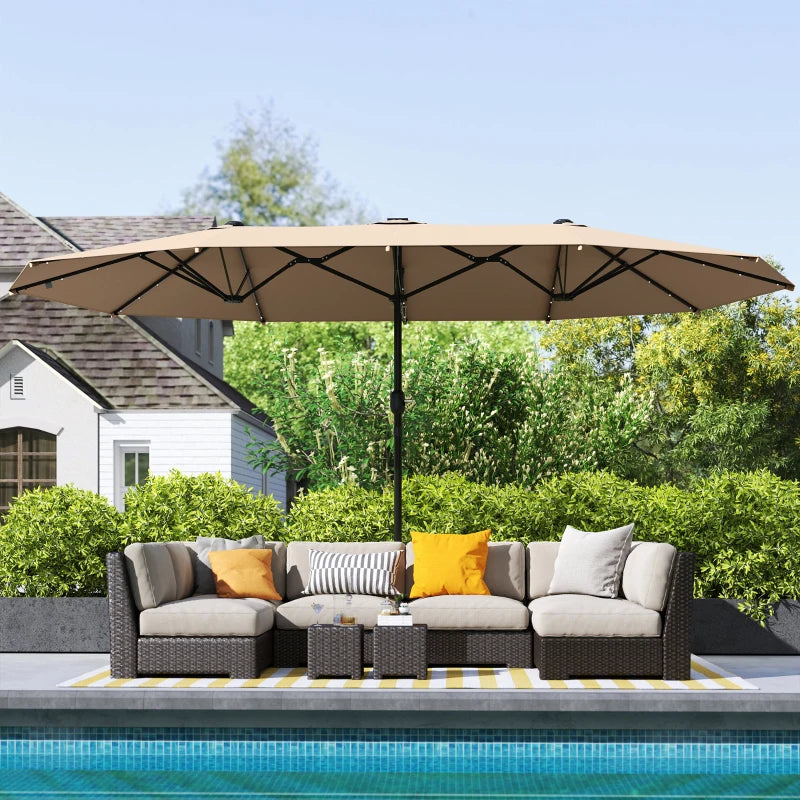 174" Double-Sided Sun Umbrella Garden Parasol Patio Sun Shade Outdoor with LED Solar Light, Khaki