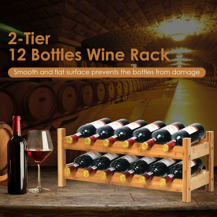 2-Tier 12 Bottles Bamboo Storage Shelf Wine Rack-Natural