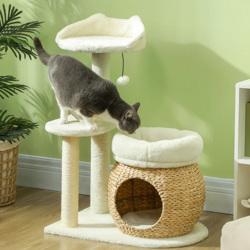31" Cat Tree Tower with Scratching Posts, Cat Condo, Beds, Platform, Toy Ball, for Indoor Cats, Cream White
