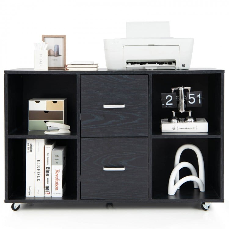 2 Drawer Wood Mobile File Cabinet with 4 Open Compartments-Black