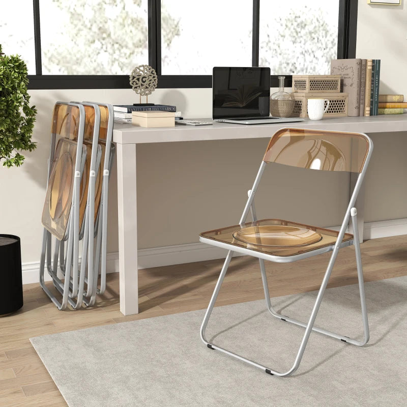 4 Pack Acrylic Foldable Chairs, Transparent Folding Chairs for Living Room, Home Office, Party, Orange