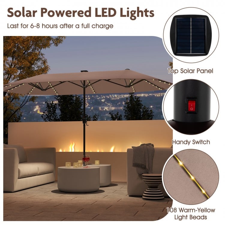 13 FT Large Patio Umbrella with LED Solar Lights and Crank Handle-Coffee