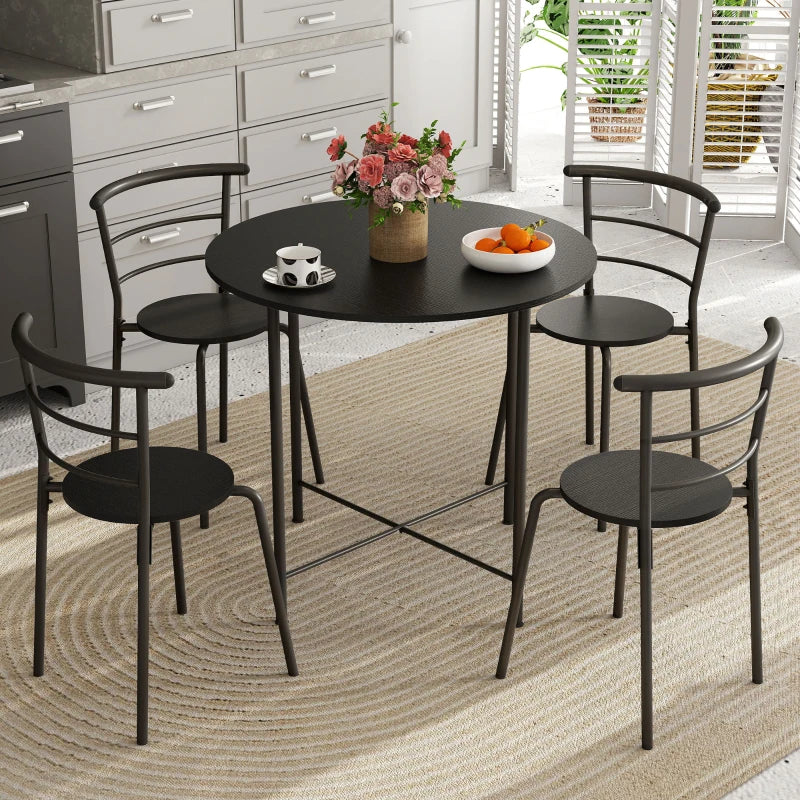 5 Piece Dining Table Set, Space Saving Round Dining Set for 4 with Metal Frame for Small Spaces, Black Wood Grain
