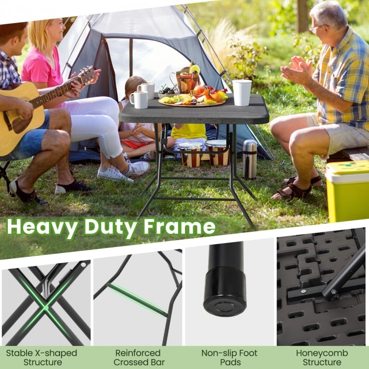 2.6FT Foldable Dining Table with Wood Grain HDPE Tabletop and Non-slip Foot Pads-Black